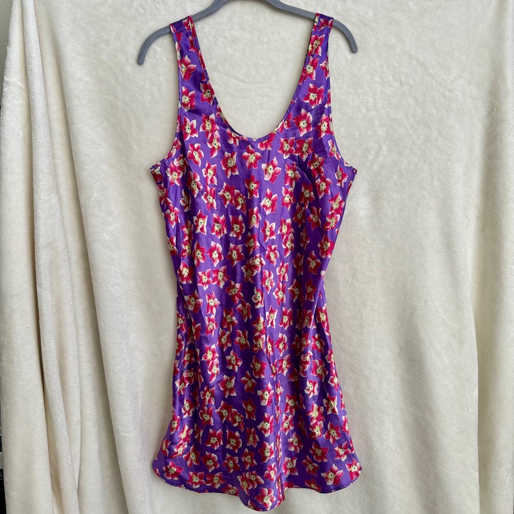 Vintage Go Softly Purple Floral Slip Dress Nightgown Women L Large Satin Mini